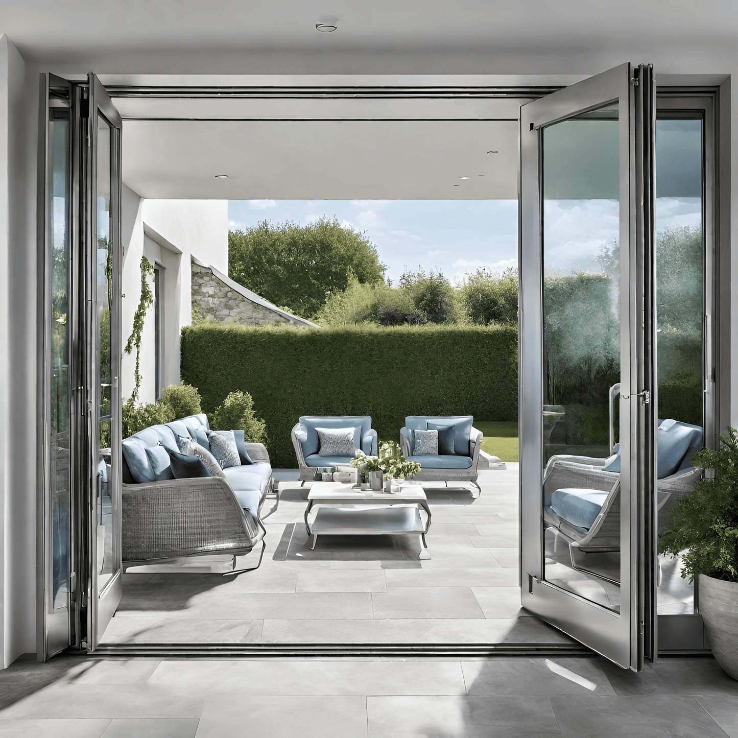 Patio with Silver Folding Doors: Elegant patio doors with a matte silver frame, reflecting the blue sky. Half-open, they reveal a lush garden and stone-tiled patio with modern chairs.