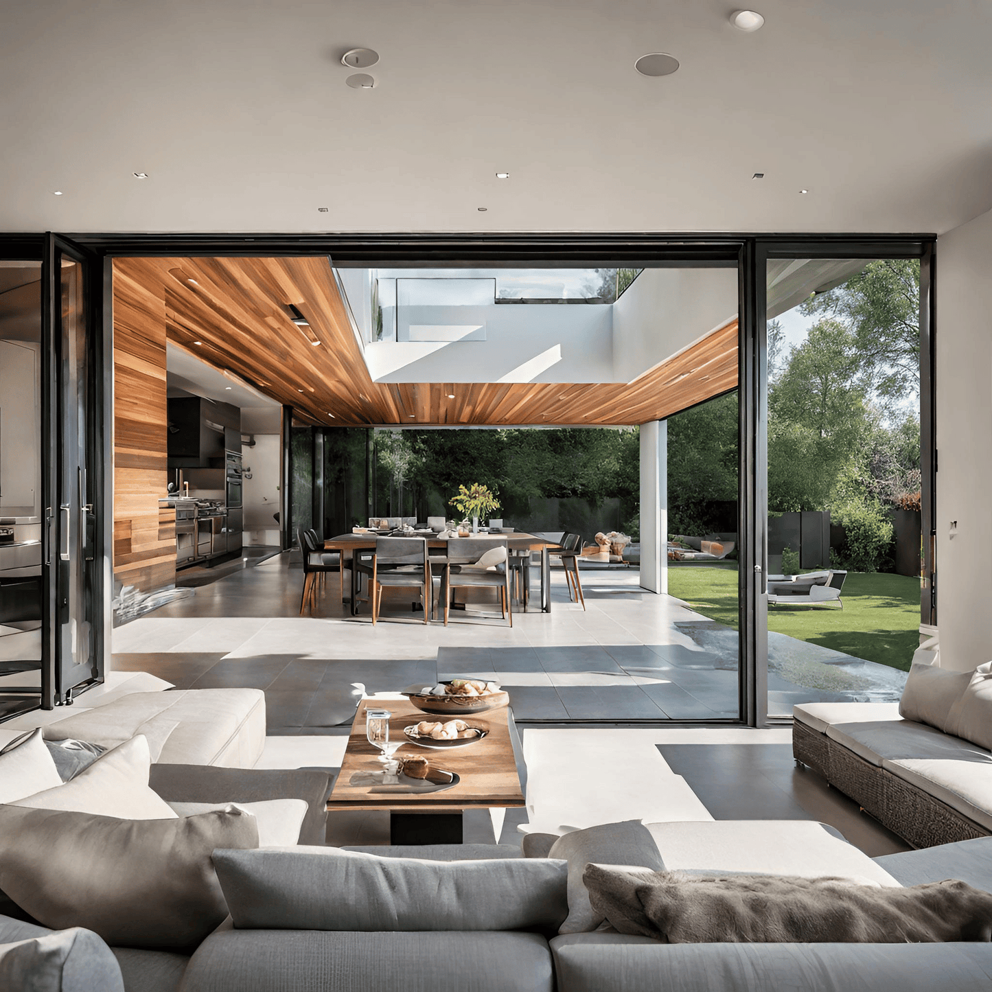 Minimalist Living Room Folding Doors: A bright living room with sleek, black-framed folding doors open to a garden. Minimalist decor and a burst of sunlight accentuate the clean space.