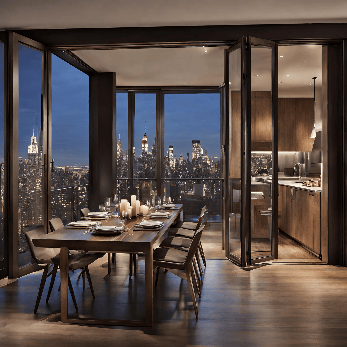 Dining Area to Cityscape Balcony: An open dining space with a wooden table. Bronze-framed folding doors retract to a balcony with an expansive city view.