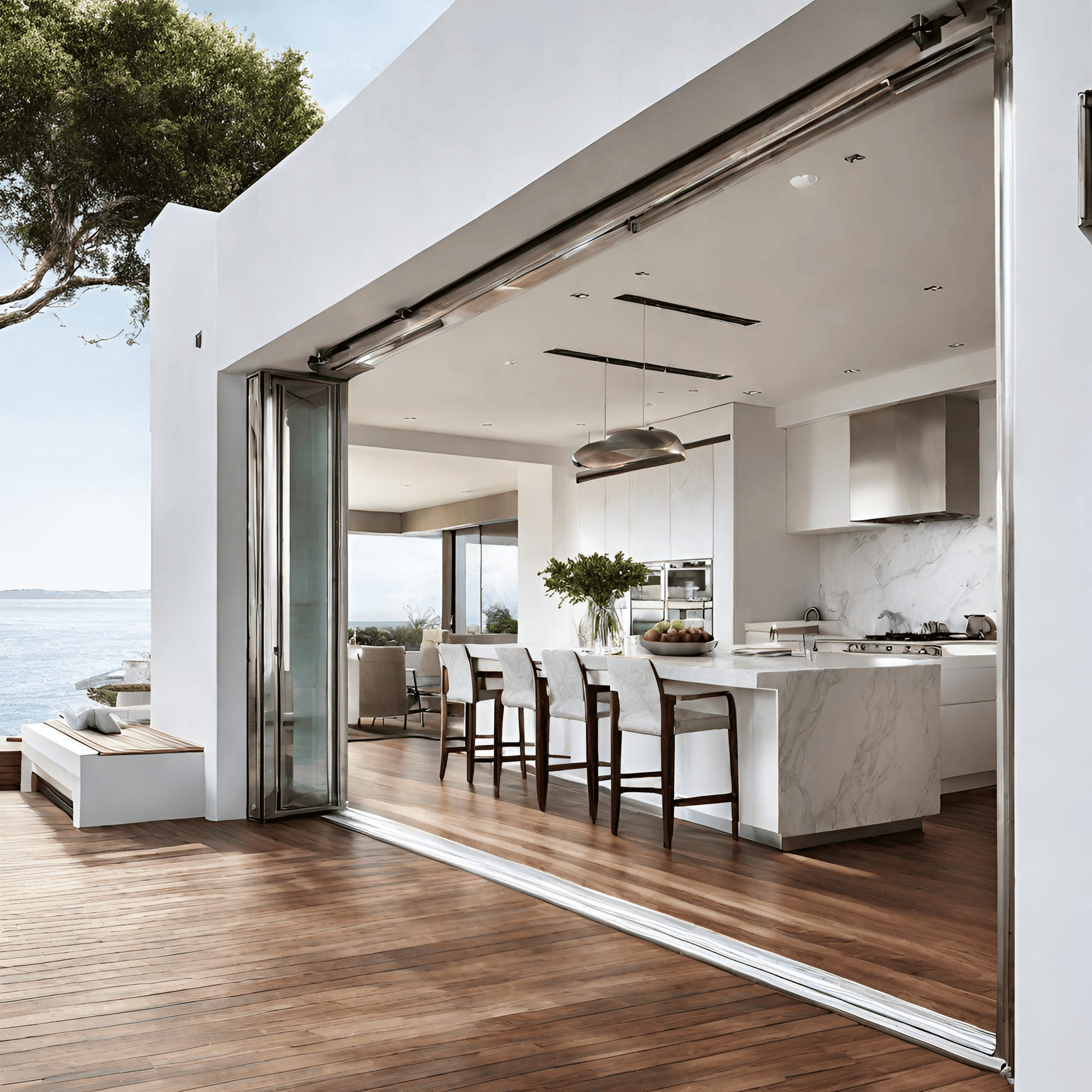 Modern Kitchen and Deck Doors: A white marble kitchen with stainless steel appliances. White-framed folding doors lead to a wooden deck overlooking the sea.