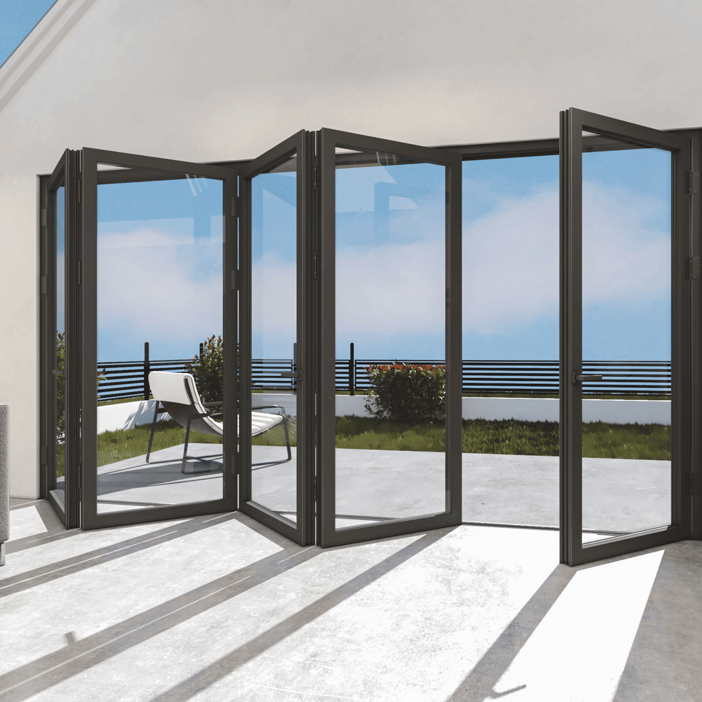 Modern Folding Door Junction Detail: A close-up showcasing the junction detail of a black aluminum frame on a modern folding door, with a focus on the hinges and precision craftsmanship.