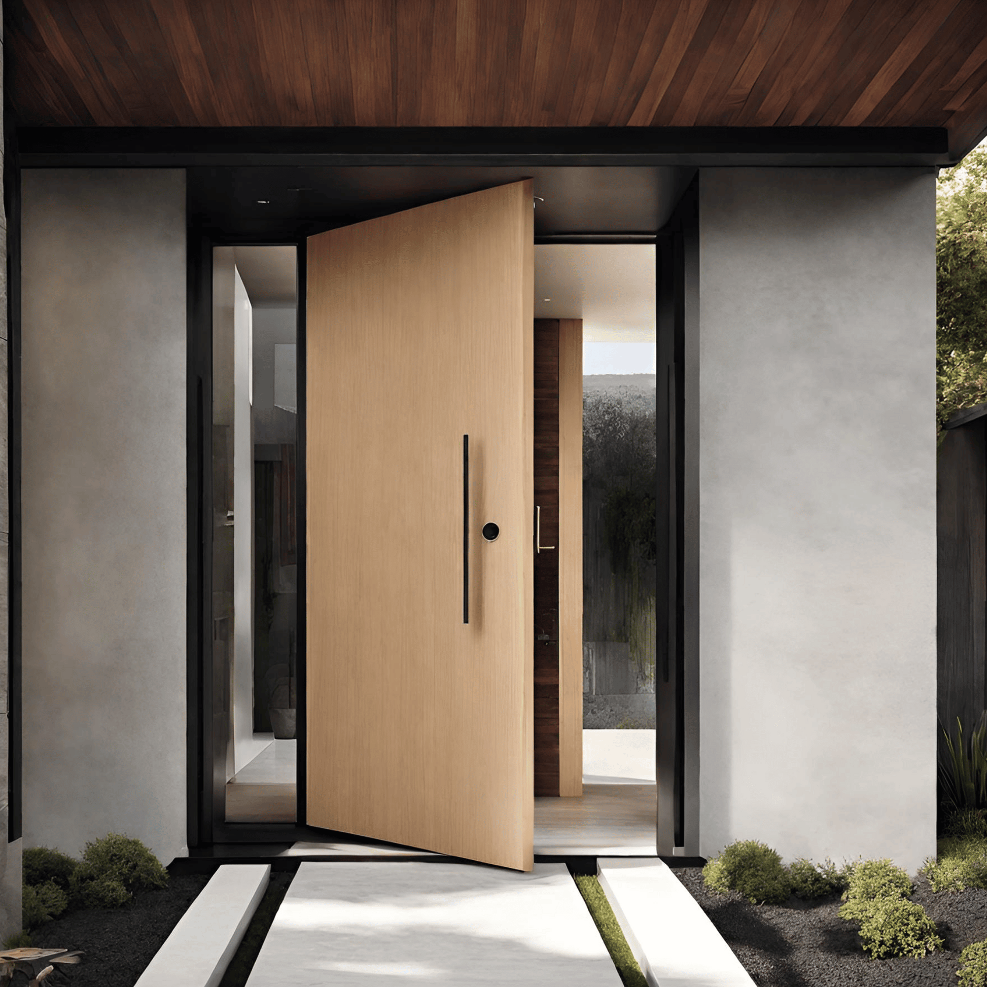 Luxury residence frontage showcasing an elegant glass pivot door that opens into a spacious foyer with a floating staircase, embodying modern design.