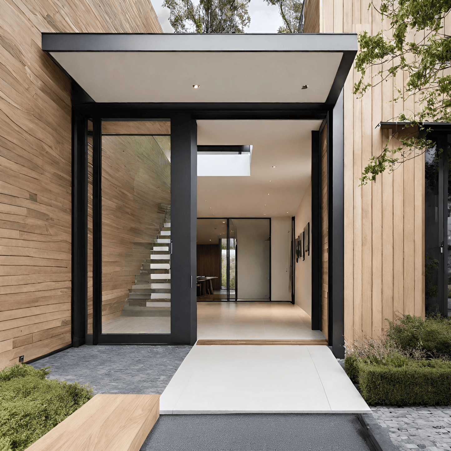 Contemporary house entry featuring a high-ceiling and dark glass pivot door, set against warm wooden paneling and a minimalist interior.