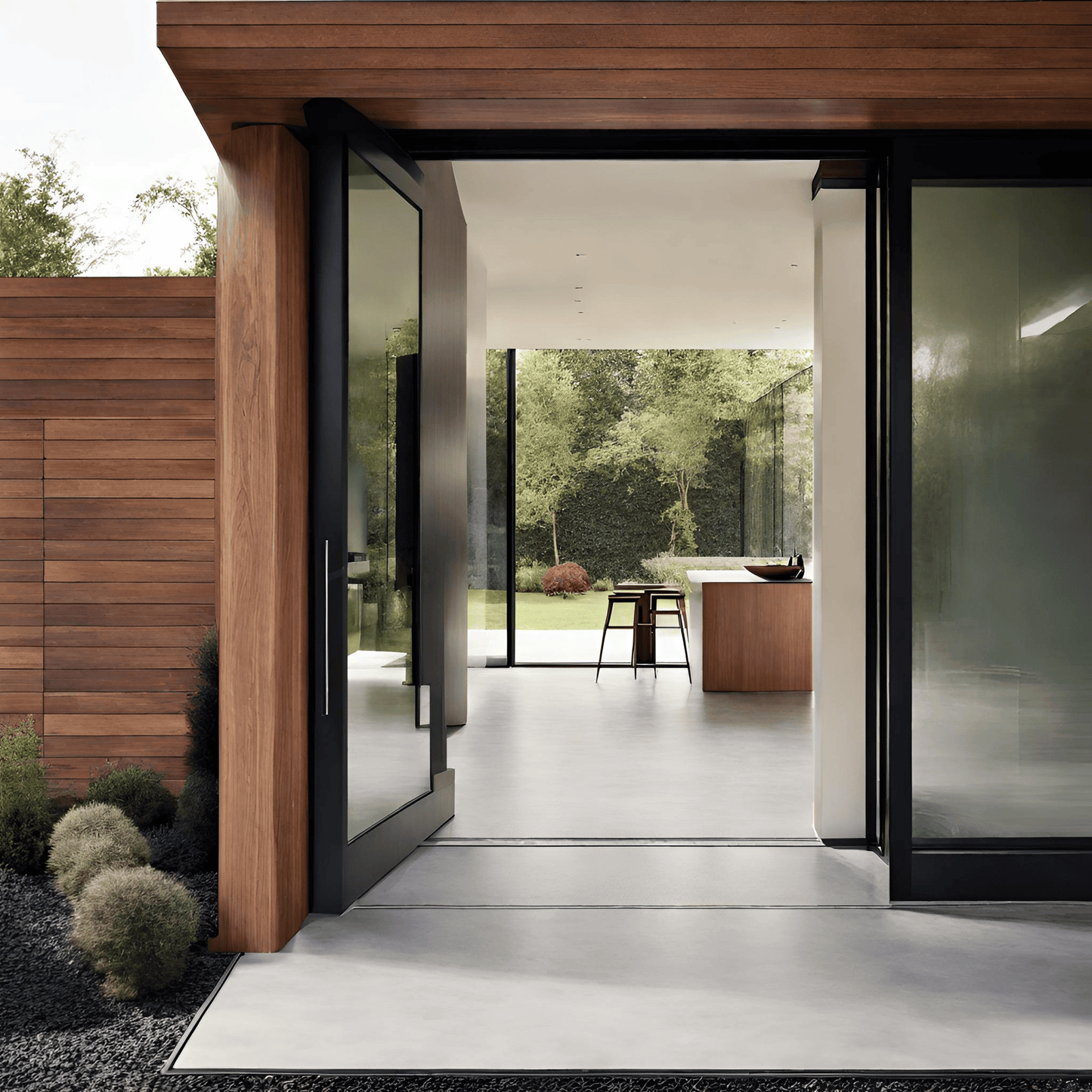 Modern home entrance with a sleek pivot door made of dark glass, flanked by wooden walls and a floating staircase visible through the door.